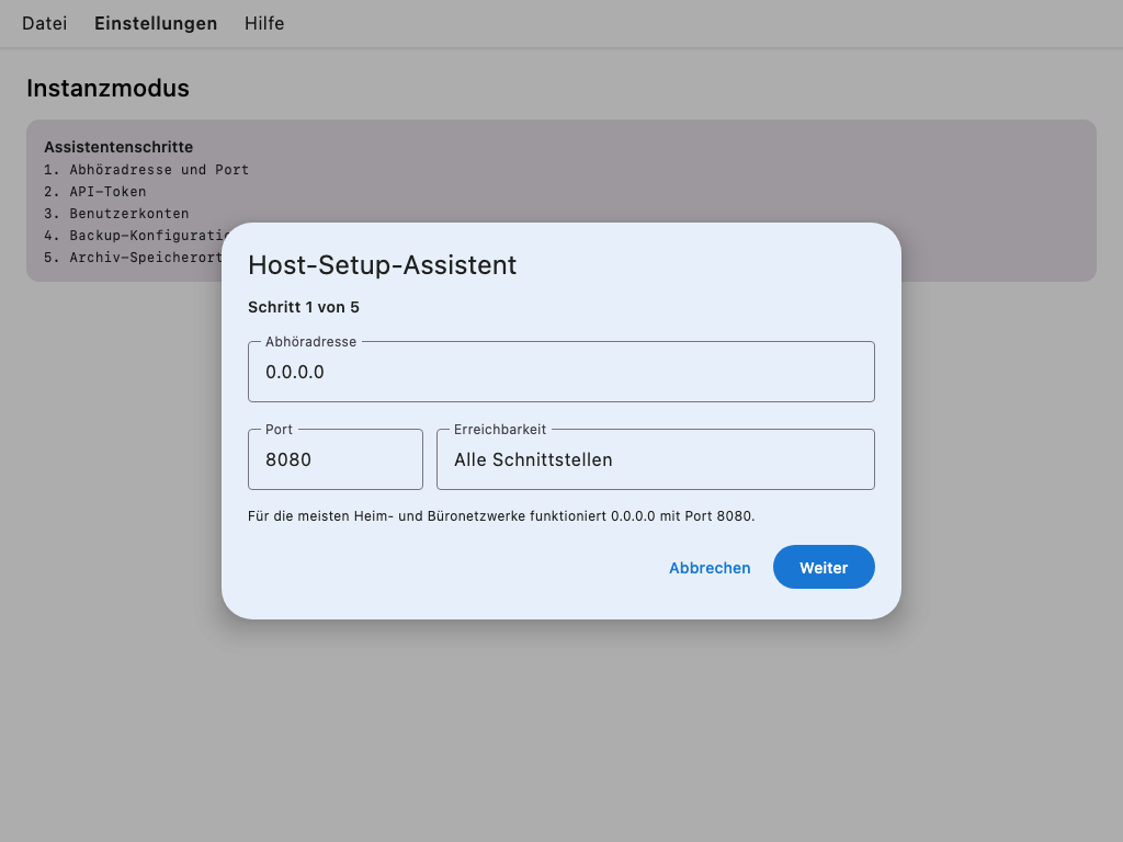 Host setup wizard with the key fields for server operation