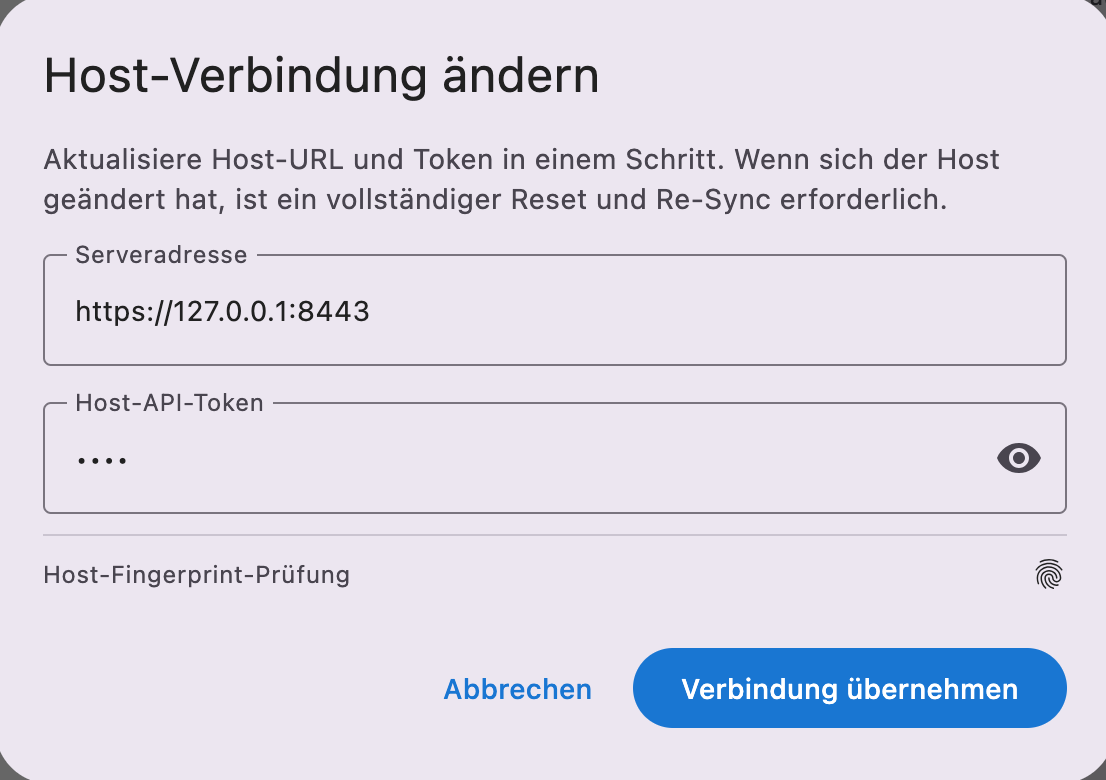 Change host connection dialog warning about reset and full re-sync